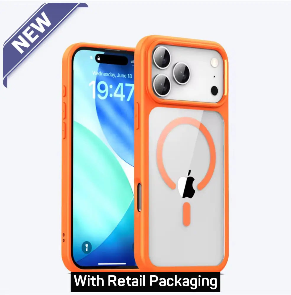 Magsafe Clear back case for iPhone 17 Pro with Orange Border. Case